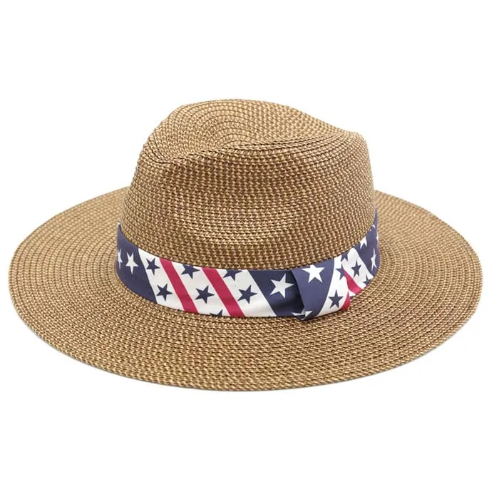 American USA Flag Band Panama Straw Sun Hat