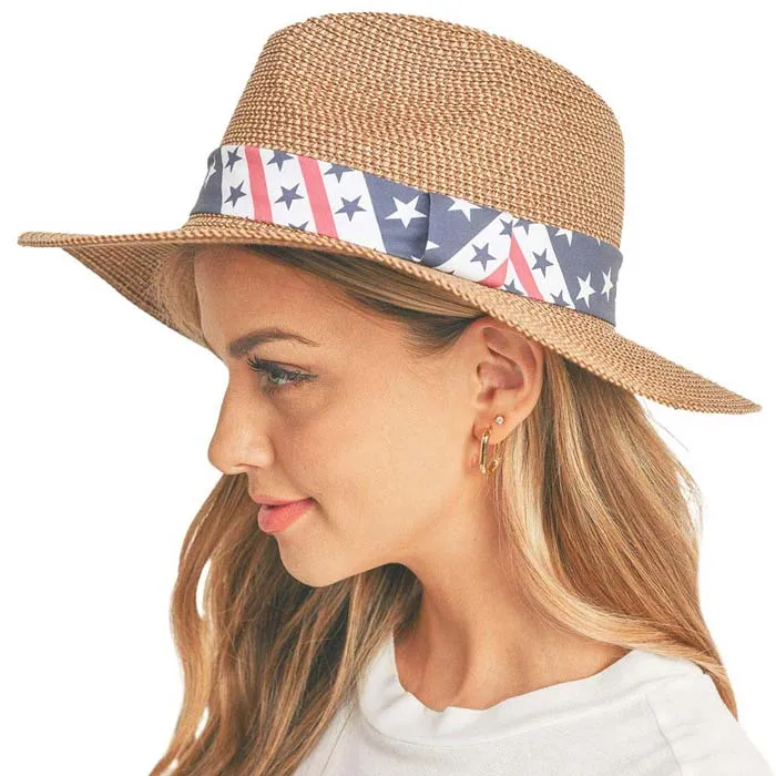 American USA Flag Band Panama Straw Sun Hat