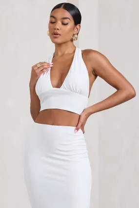 Amp Up | White Plunging Halter-Neck Crop Top