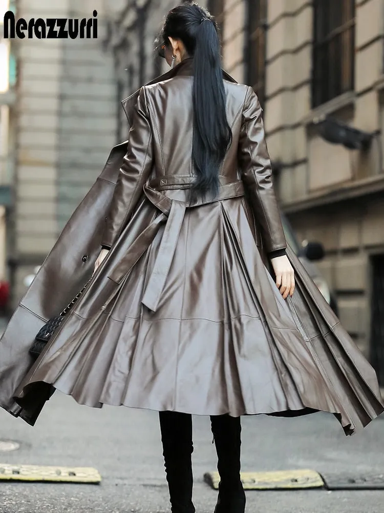 Autumn Long Brown Black Soft Faux Leather Trench Coat for Women Belt Skirted Elegant Luxury Fashion 5xl 6xl 7xl 2022