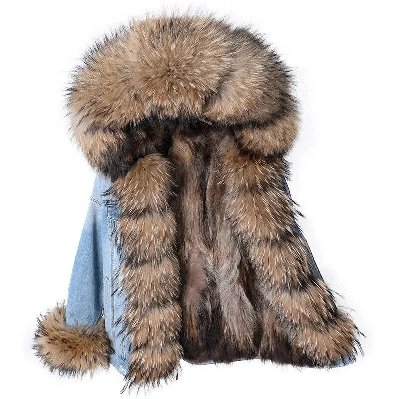 Winter Denim Jacket Parka Winter Women Parkas Real Fur Collar Coat Natural Raccoon Fur Hood Real Rabbit Fur Liner Luxury