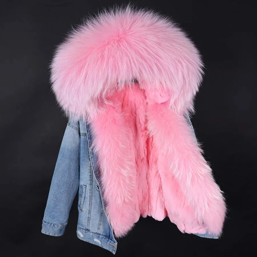 Winter Denim Jacket Parka Winter Women Parkas Real Fur Collar Coat Natural Raccoon Fur Hood Real Rabbit Fur Liner Luxury