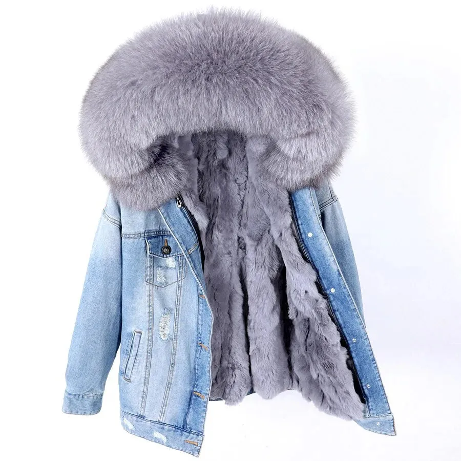 Winter Denim Jacket Parka Winter Women Parkas Real Fur Collar Coat Natural Raccoon Fur Hood Real Rabbit Fur Liner Luxury