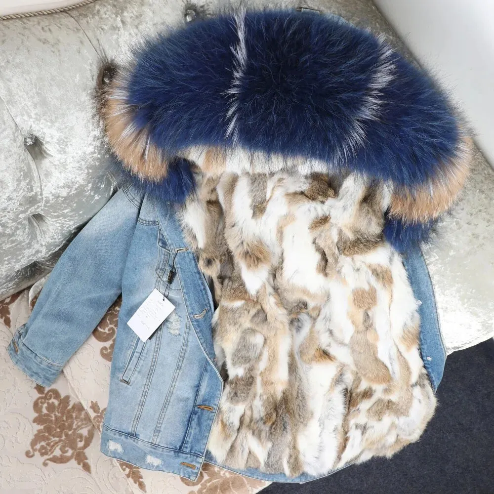 Winter Denim Jacket Parka Winter Women Parkas Real Fur Collar Coat Natural Raccoon Fur Hood Real Rabbit Fur Liner Luxury