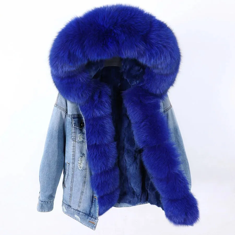 Winter Denim Jacket Parka Winter Women Parkas Real Fur Collar Coat Natural Raccoon Fur Hood Real Rabbit Fur Liner Luxury