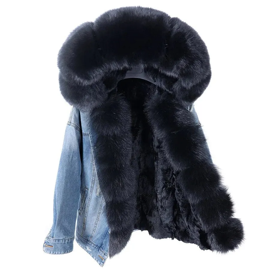 Winter Denim Jacket Parka Winter Women Parkas Real Fur Collar Coat Natural Raccoon Fur Hood Real Rabbit Fur Liner Luxury