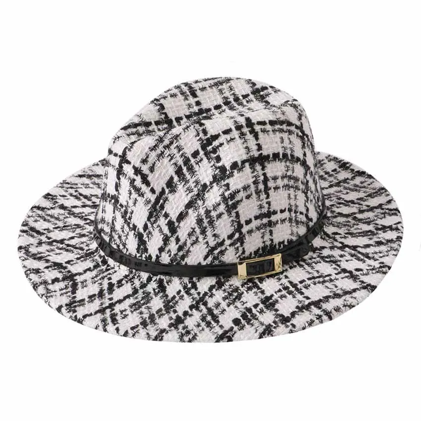 Belt Band Accented Check Patterned Fedora Hat