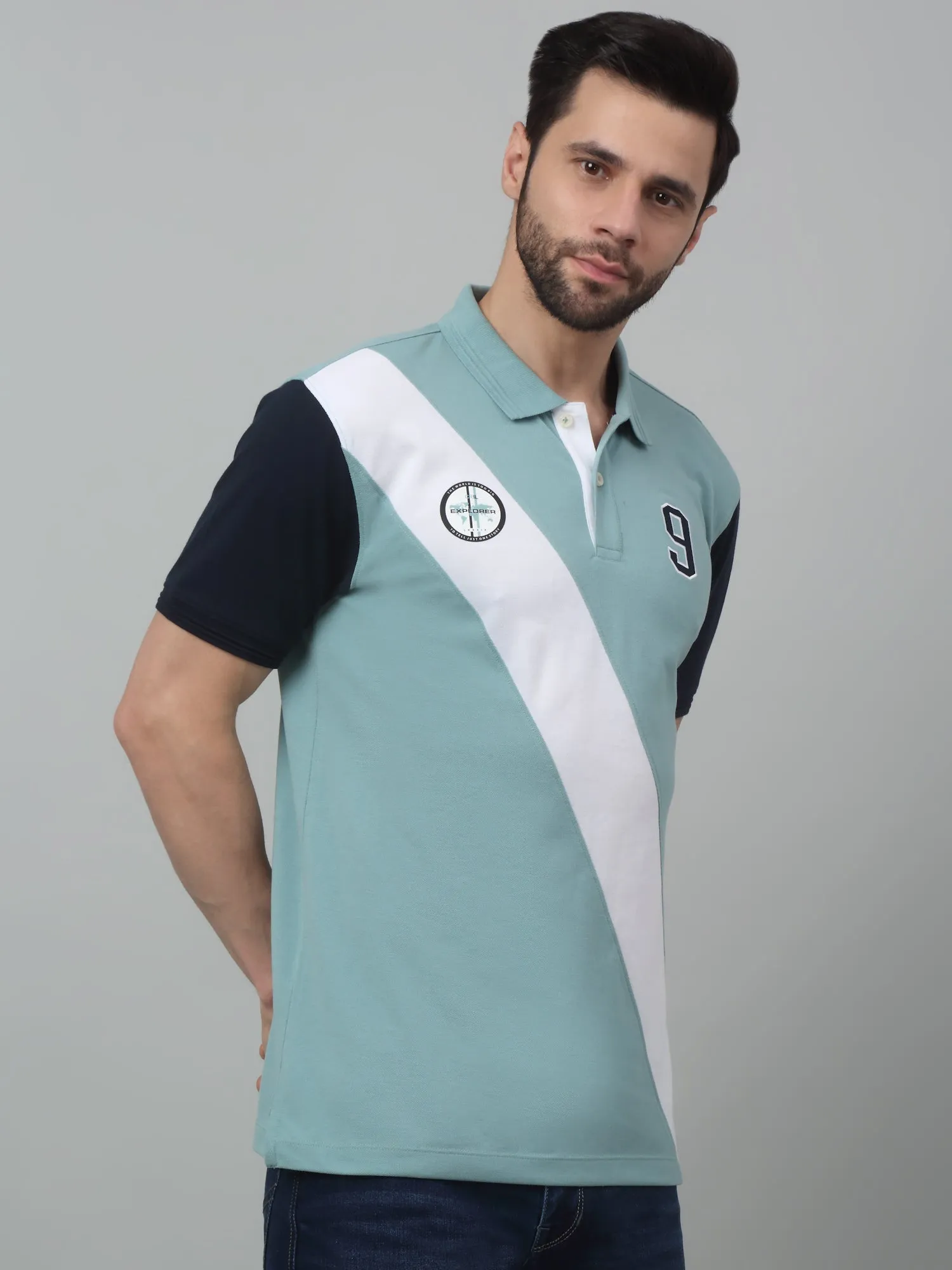 Cantabil Aqua Color-Block Polo Neck Half Sleeve T-shirt For Men