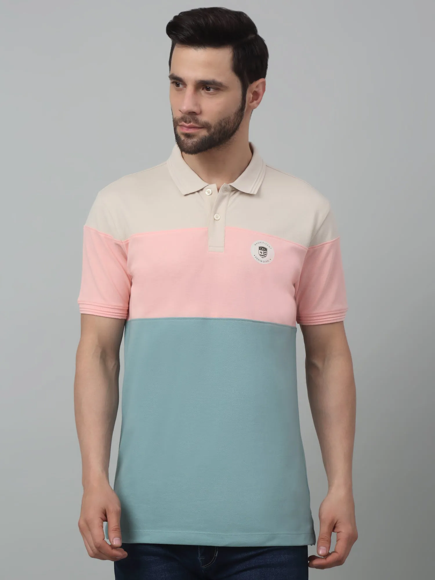 Cantabil Aqua Color-Block Polo Neck Half Sleeve T-shirt For Men