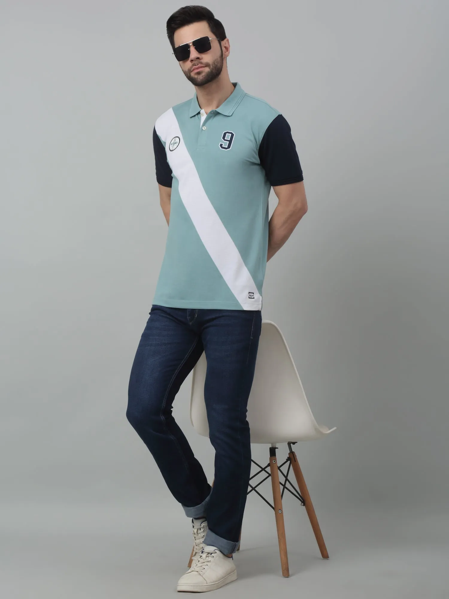 Cantabil Aqua Color-Block Polo Neck Half Sleeve T-shirt For Men