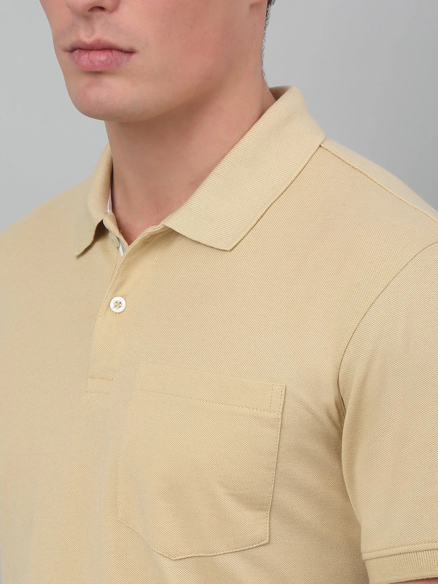 Cantabil Beige Solid Polo Neck Half Sleeve T-shirt For Men