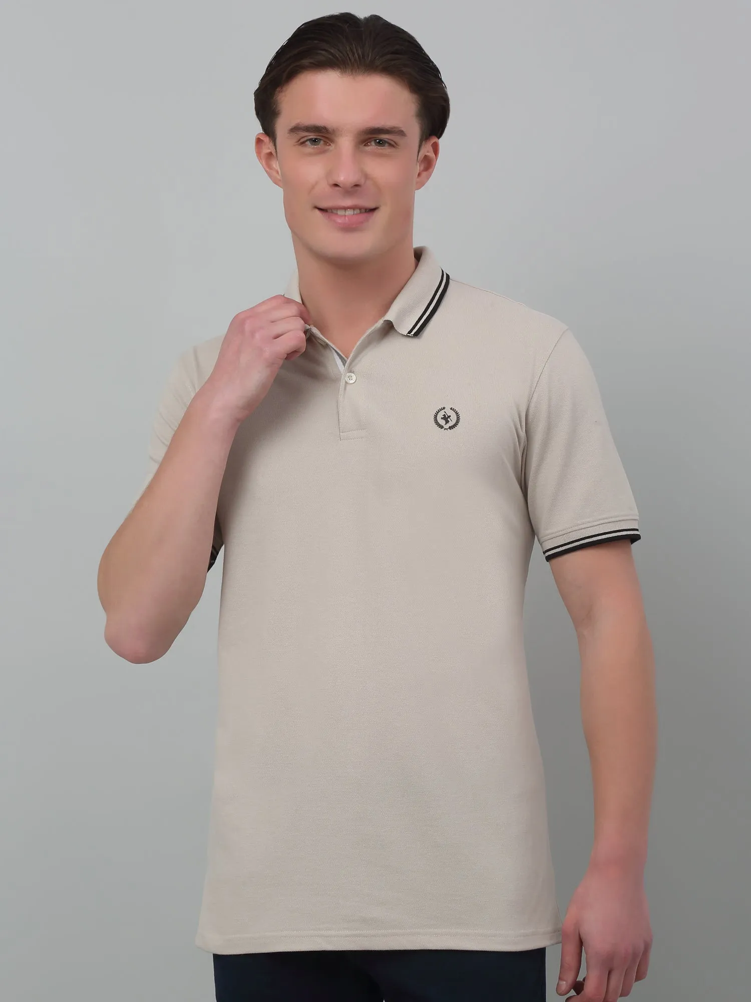 Cantabil Beige Solid Polo Neck Half Sleeve T-shirt For Men