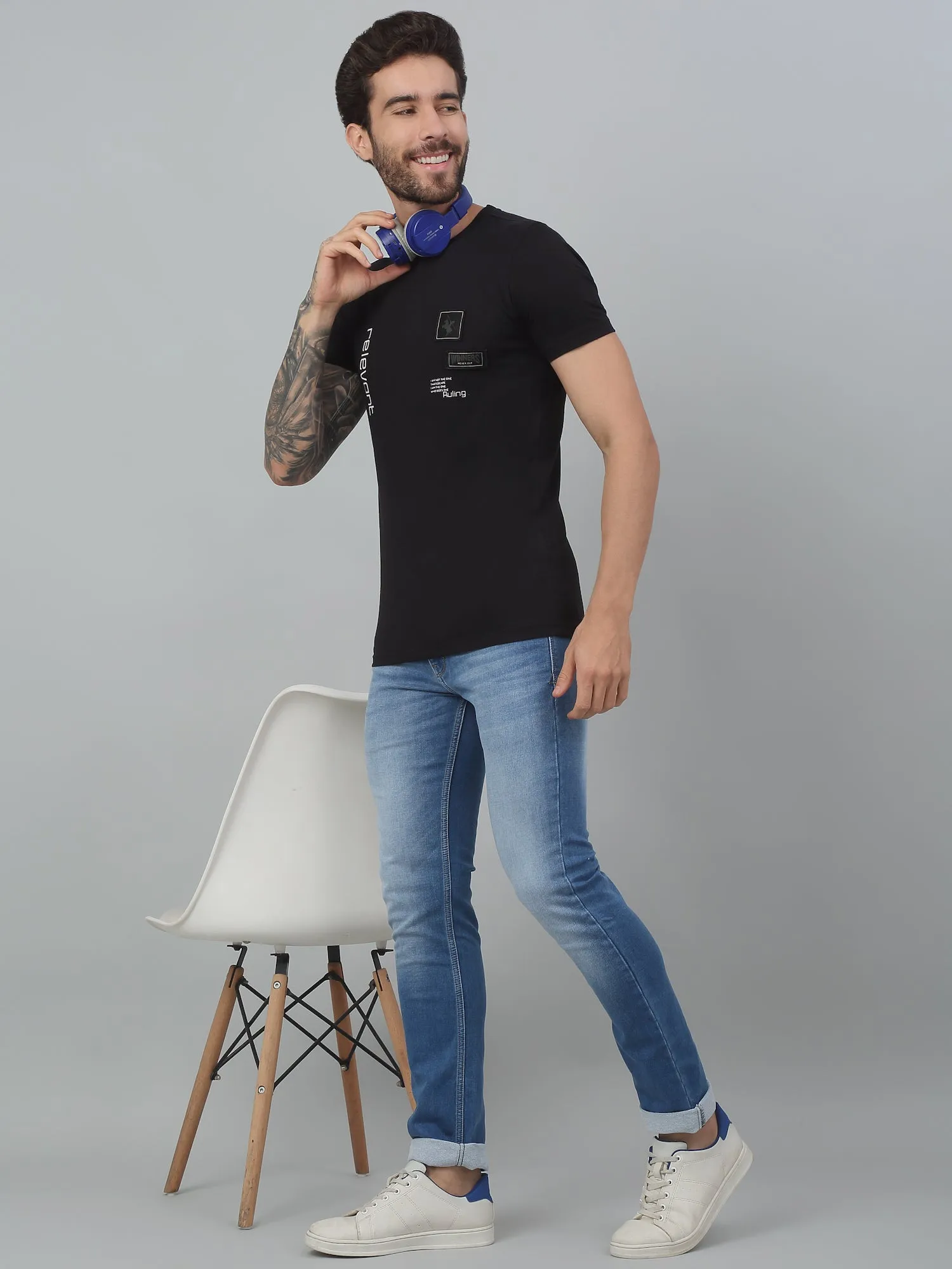 Cantabil Black Printed Round Neck Half Sleeve T-Shirt For Men