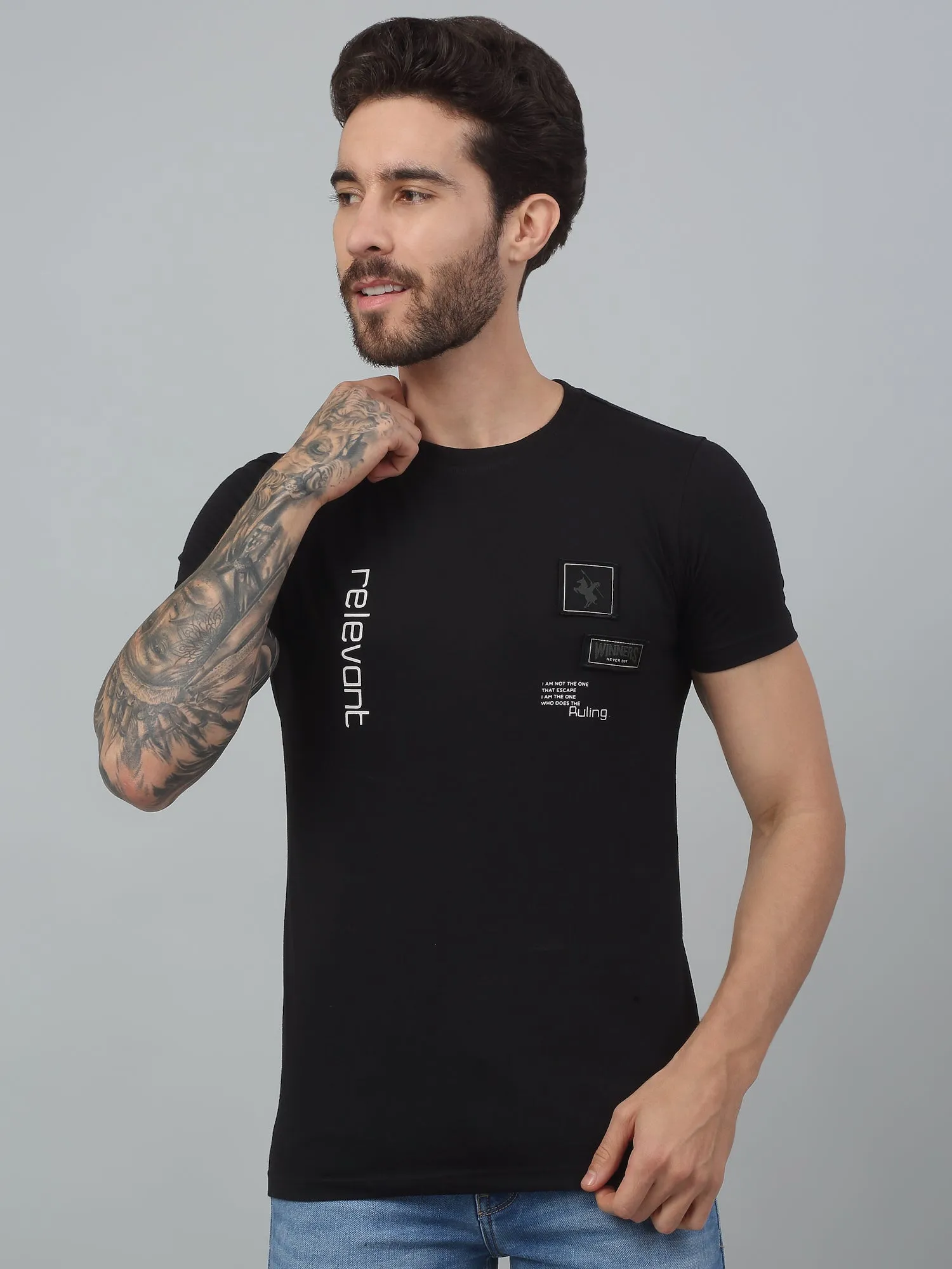 Cantabil Black Printed Round Neck Half Sleeve T-Shirt For Men