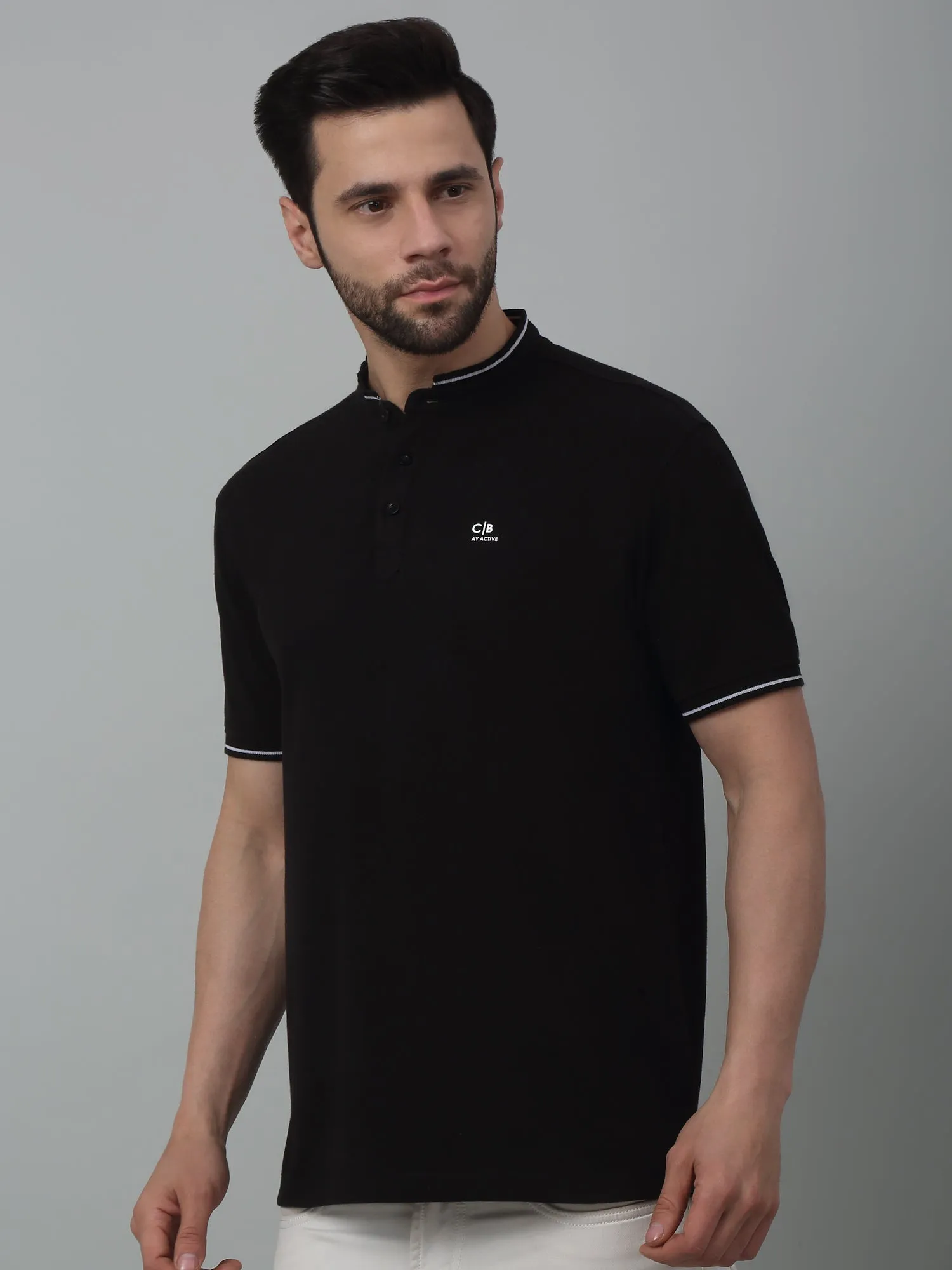 Cantabil Black Solid Band Collar Neck Half Sleeve T-shirt For Men