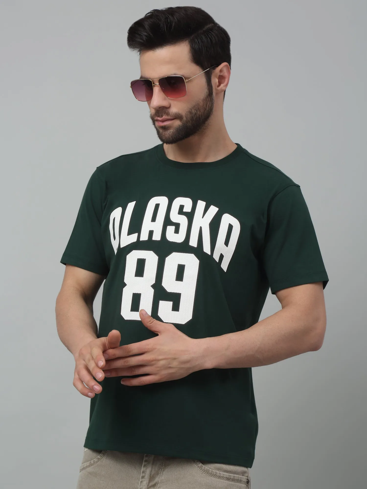 Cantabil Bottle Green Printed Round Neck Half Sleeve T-shirt For Men