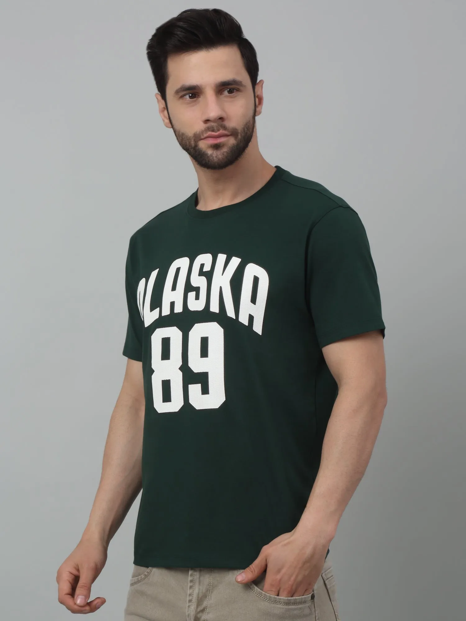 Cantabil Bottle Green Printed Round Neck Half Sleeve T-shirt For Men