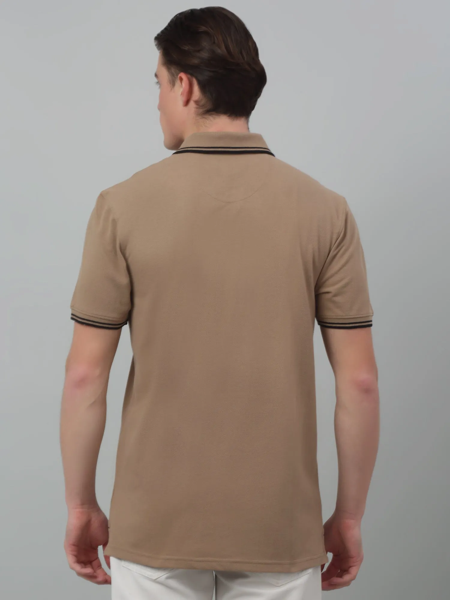 Cantabil Brown Solid Polo Neck Half Sleeve T-shirt For Men