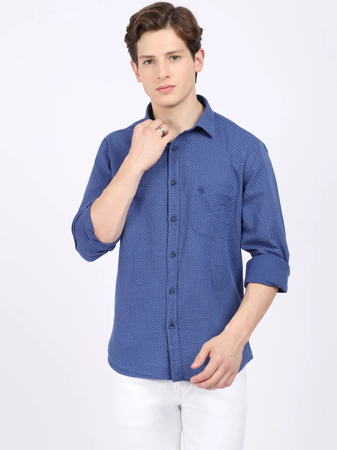 Cantabil Cotton Blend Printed Blue Full Sleeve Casual Shirt for Men with Pocket