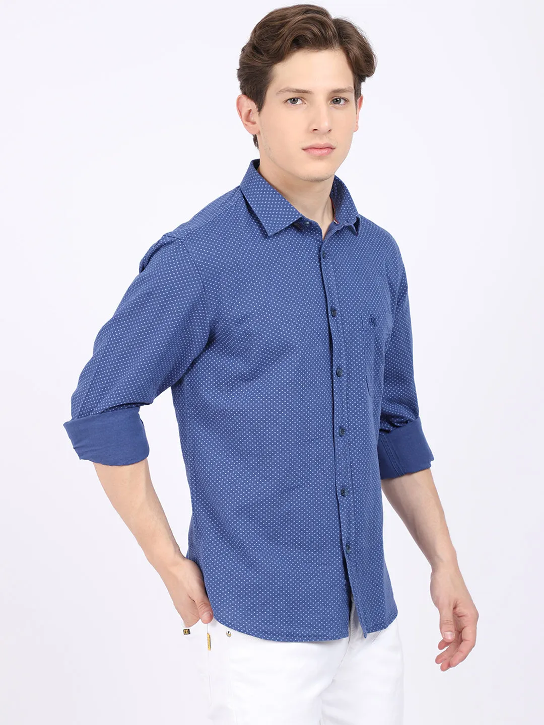 Cantabil Cotton Blend Printed Blue Full Sleeve Casual Shirt for Men with Pocket