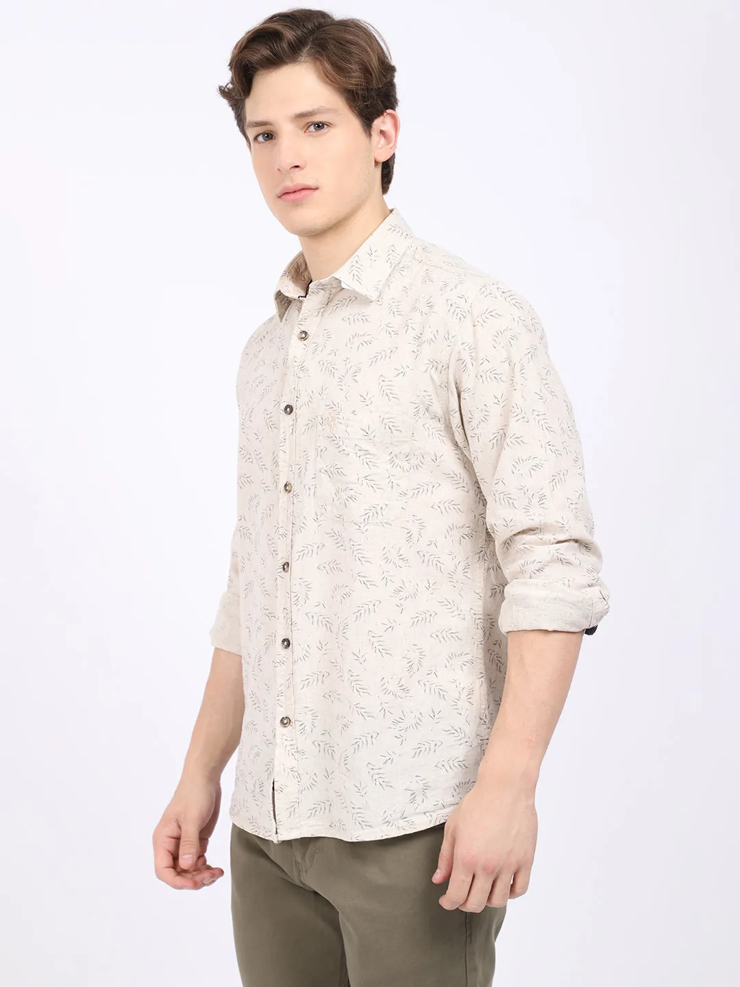 Cantabil Cotton Blend Printed Off White Full Sleeve Casual Shirt for Men with Pocket