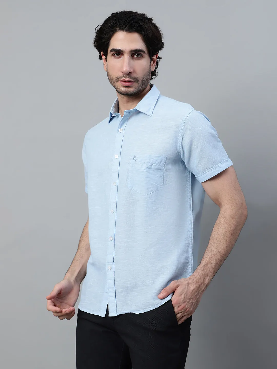 Cantabil Cotton Blend Sky Blue Solid Half Sleeve Casual Shirt for Men with Pocket