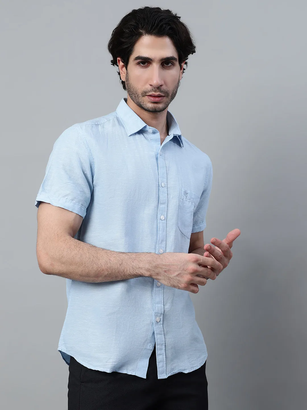 Cantabil Cotton Blend Sky Blue Solid Half Sleeve Casual Shirt for Men with Pocket