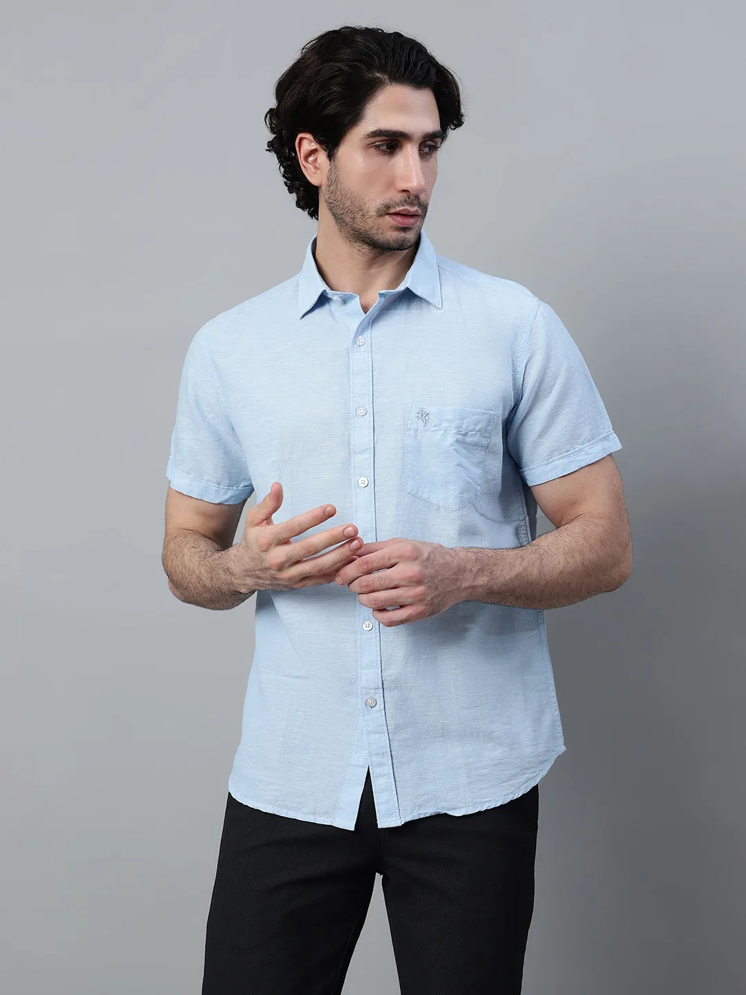 Cantabil Cotton Blend Sky Blue Solid Half Sleeve Casual Shirt for Men with Pocket