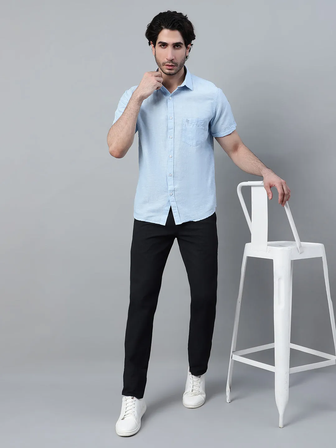 Cantabil Cotton Blend Sky Blue Solid Half Sleeve Casual Shirt for Men with Pocket