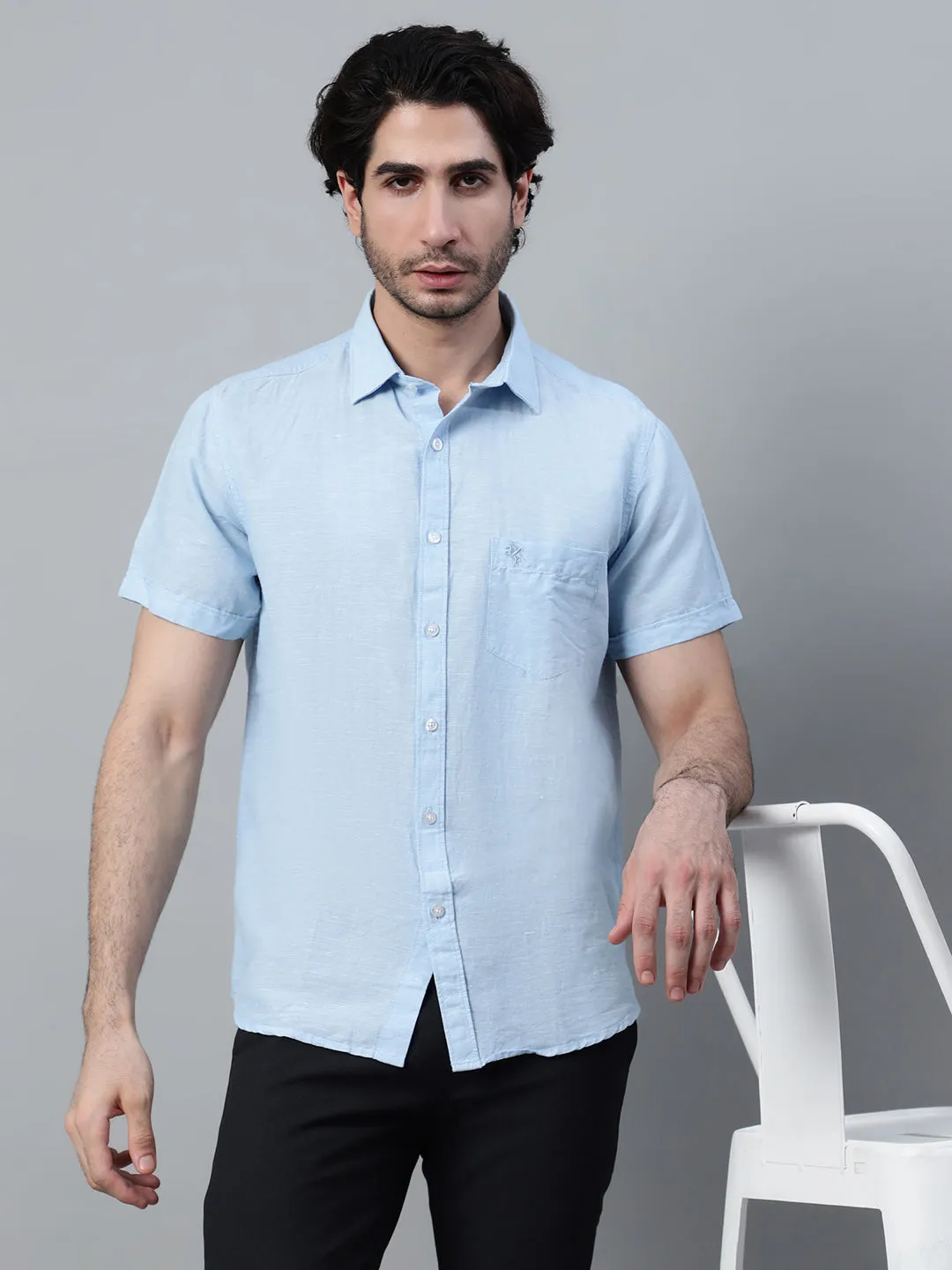 Cantabil Cotton Blend Sky Blue Solid Half Sleeve Casual Shirt for Men with Pocket