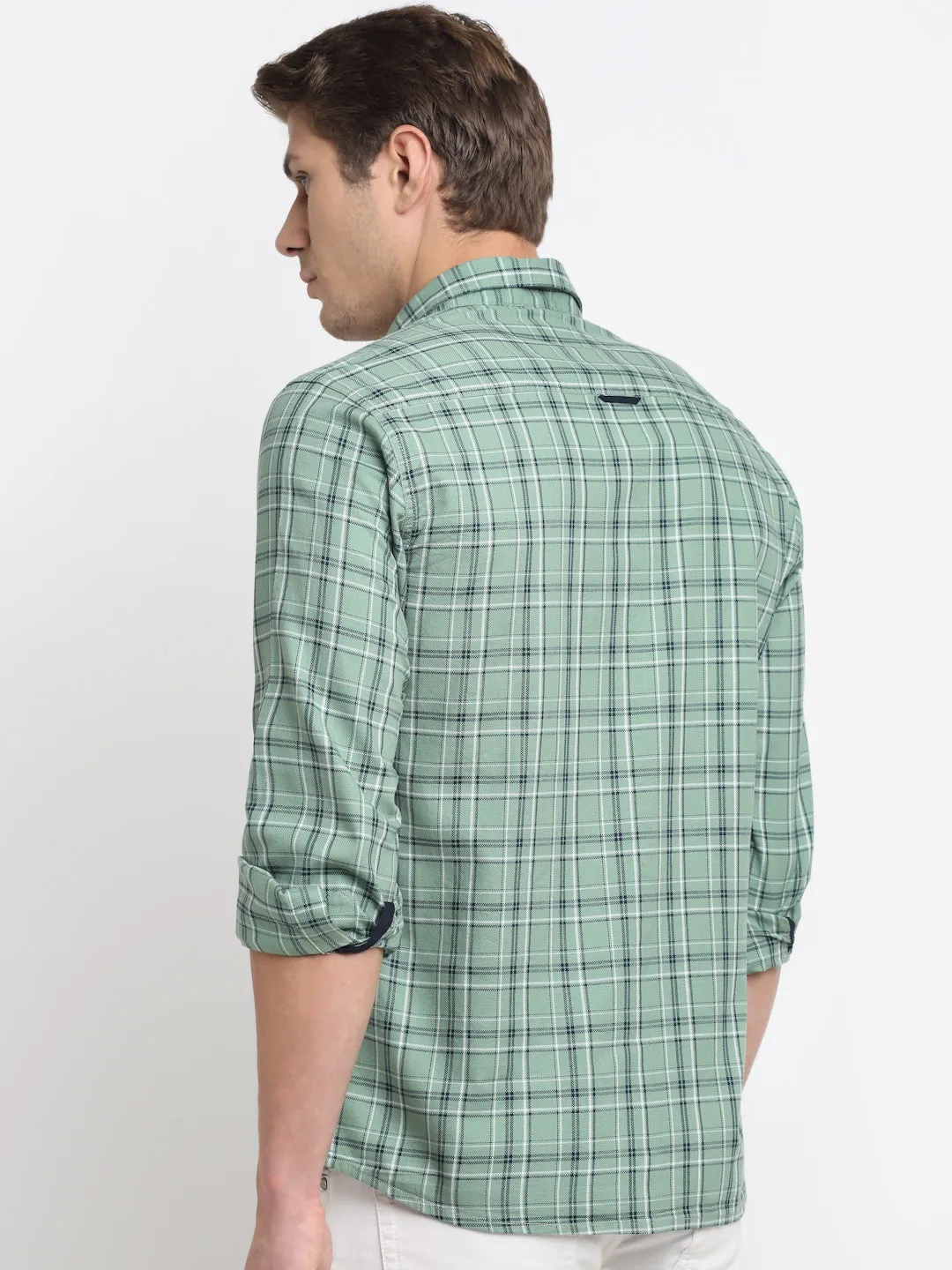 Cantabil Cotton Checkered Green Full Sleeve Casual Shirt for Men with Pocket