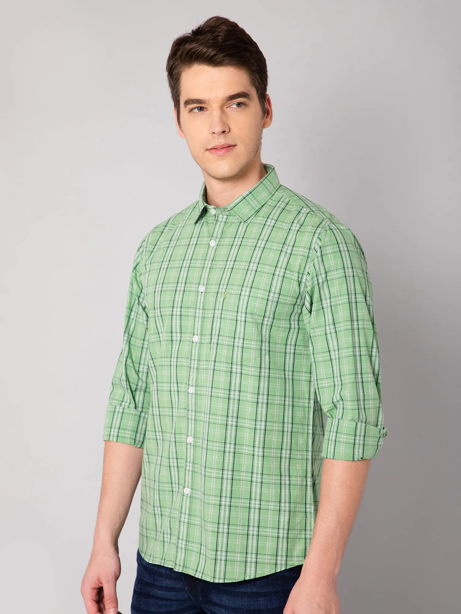 Cantabil Cotton Checkered Green Full Sleeve Casual Shirt for Men with Pocket