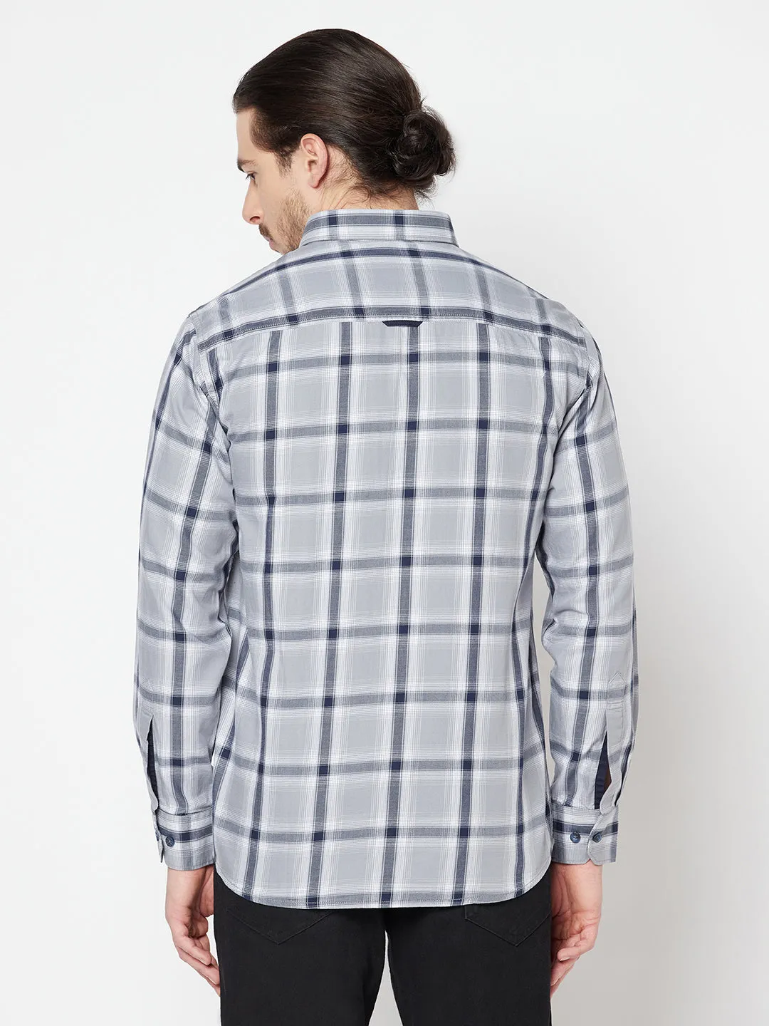 Cantabil Cotton Checkered Grey Full Sleeve Casual Shirt for Men with Pocket