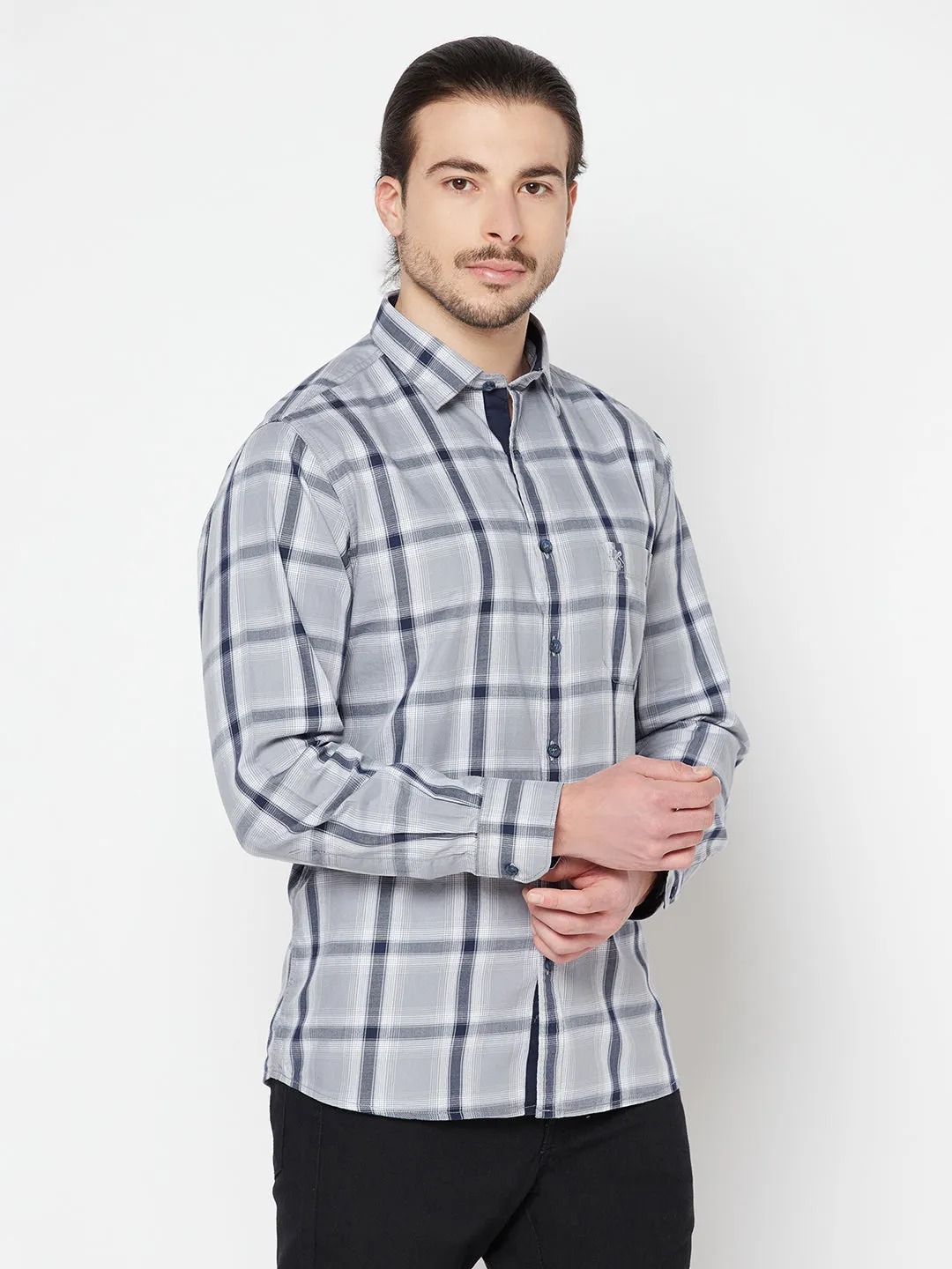 Cantabil Cotton Checkered Grey Full Sleeve Casual Shirt for Men with Pocket