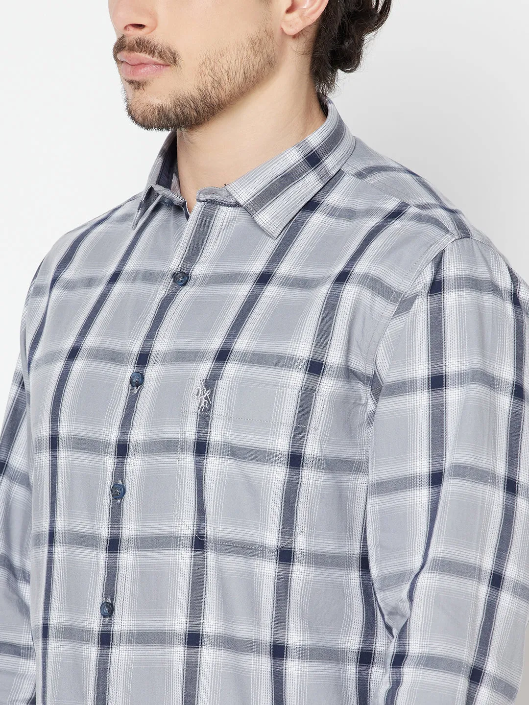 Cantabil Cotton Checkered Grey Full Sleeve Casual Shirt for Men with Pocket