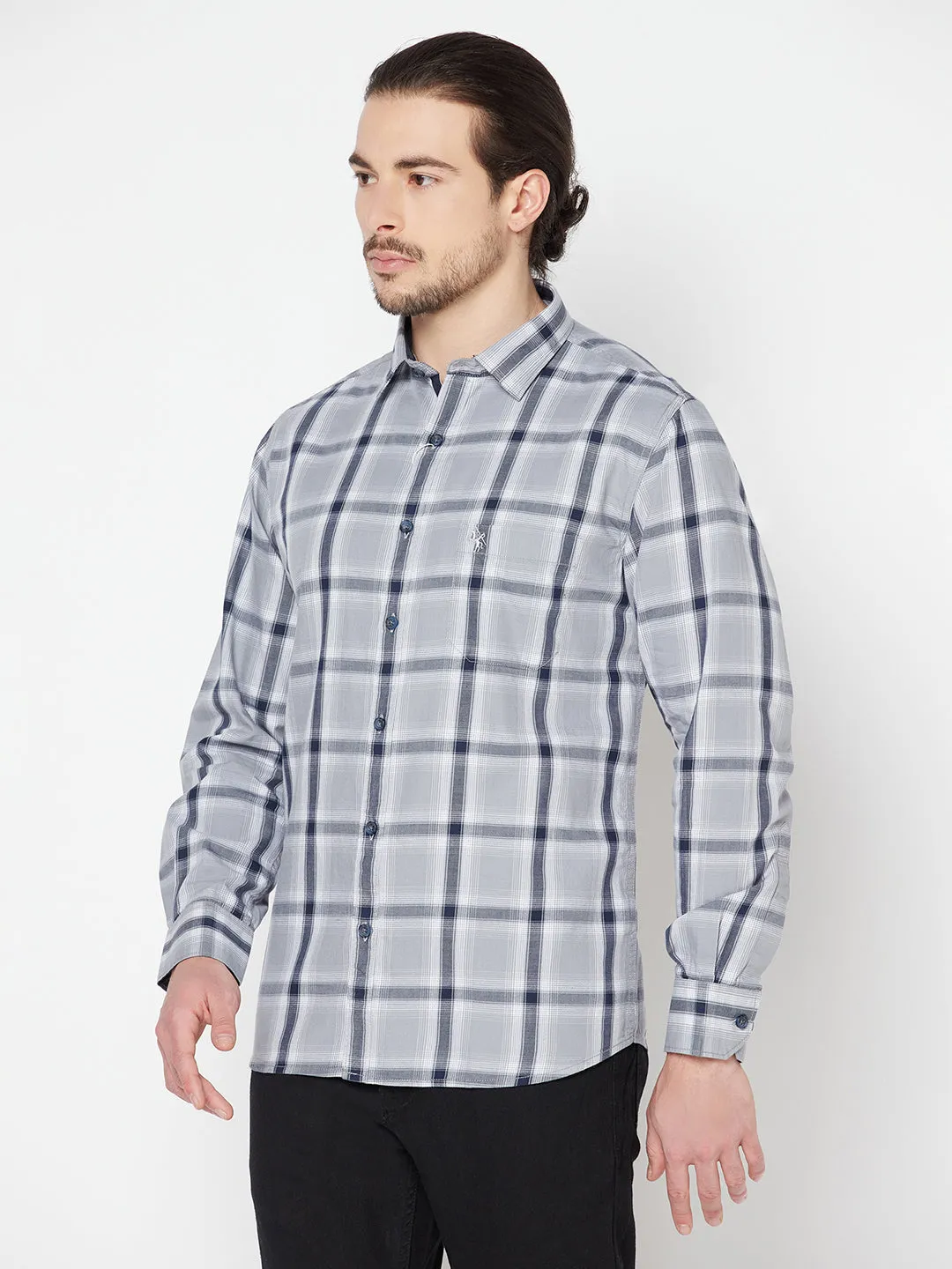 Cantabil Cotton Checkered Grey Full Sleeve Casual Shirt for Men with Pocket