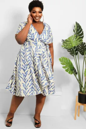 Cream Blue Leaves Print Midi Wrap Dress