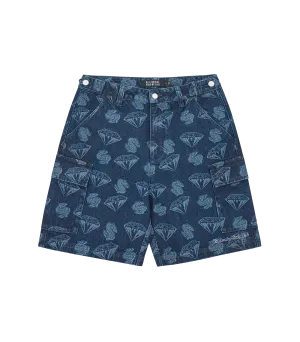 DIAMONDS & DOLLARS PRINTED DENIM SHORTS - INDIGO