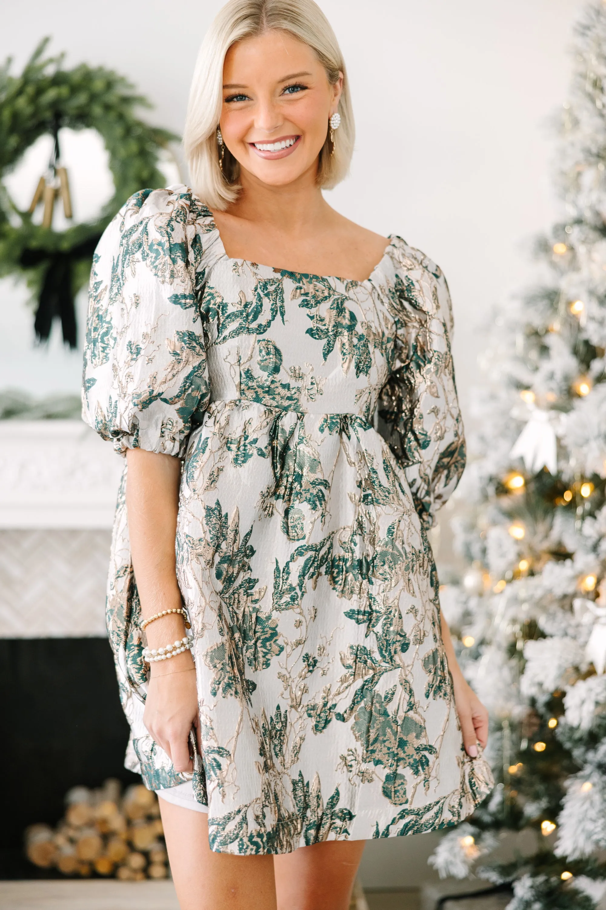 Good Days Ahead Hunter Green Metallic Floral Dress