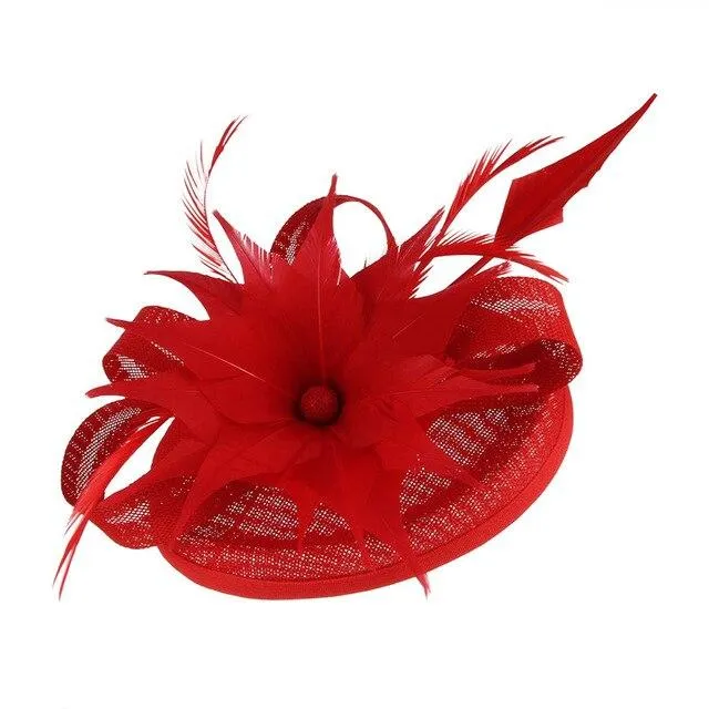 Hair Clip Flower Pillbox Fascinator Hat with Feathers