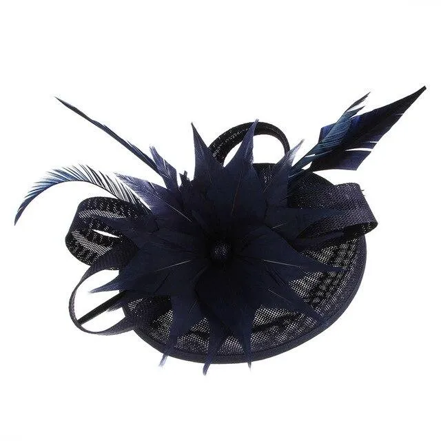 Hair Clip Flower Pillbox Fascinator Hat with Feathers