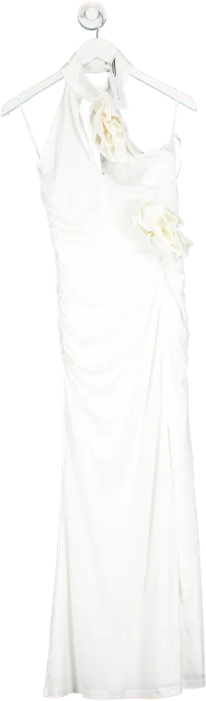 Karen Millen White Drapey Ruched Jersey Rosette Maxi Dress UK XS