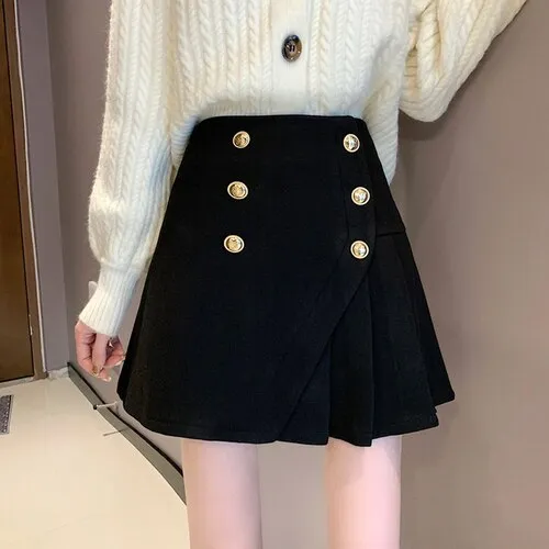 Ashoreshop Womens Shorts Shirts Women Black Button Up Casual Zipper Fly Woolen Shorts Skirts