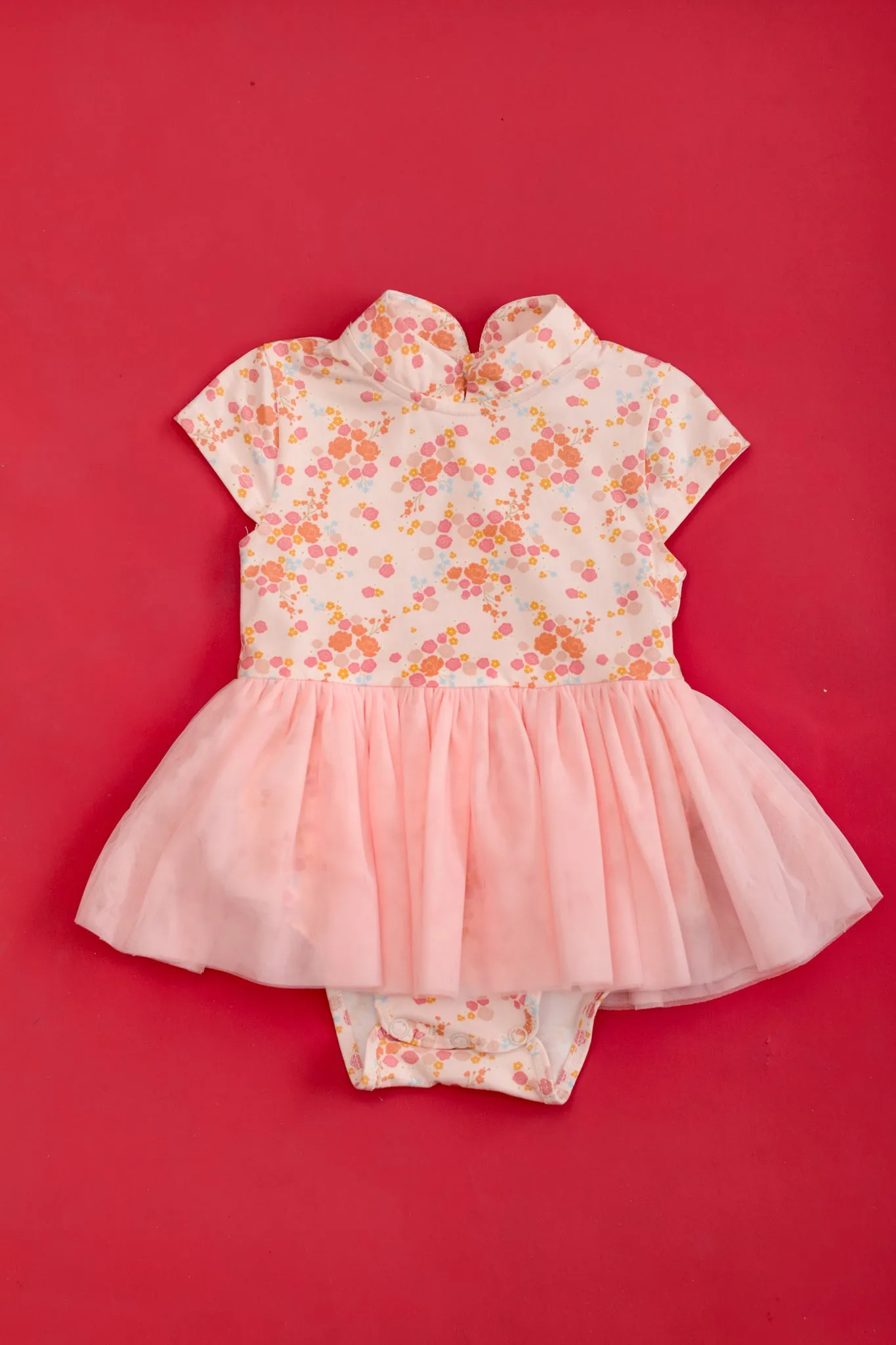 Mandarin-collared Tulle Onesie - Pink Floral