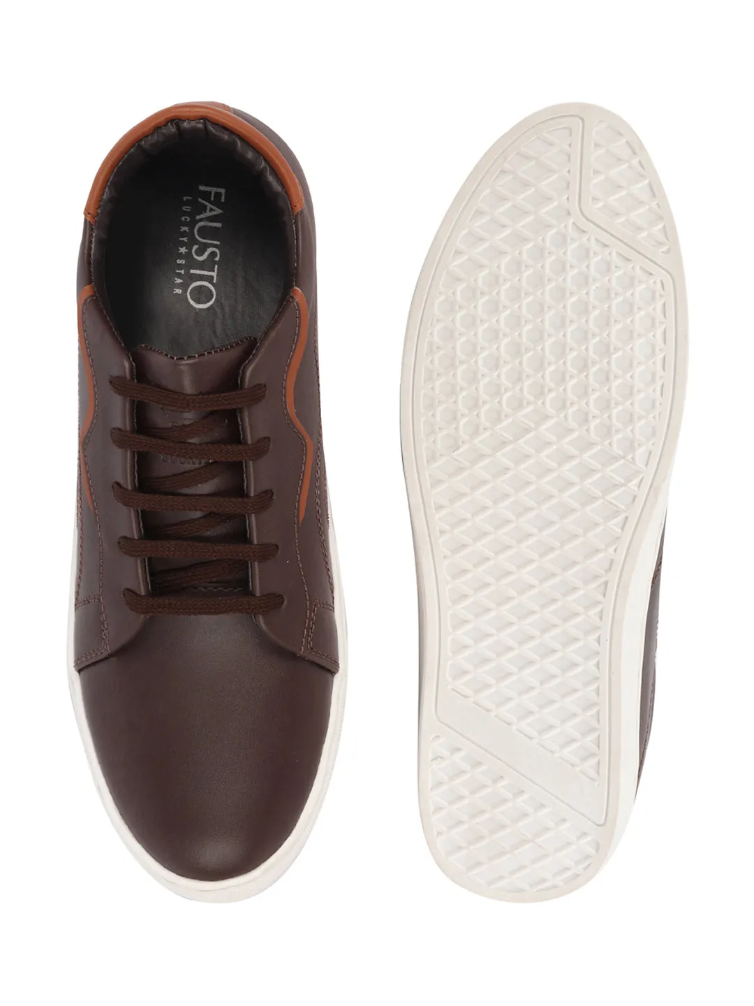 Men Brown Classic Lace Up Elevated Look Sneaker Shoes with Contrast Sole|Low Ankle|Casual Shoe