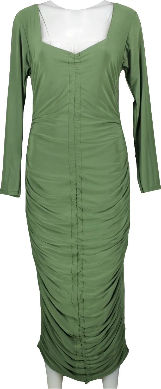 Missguided Green Khaki Long Sleeve Slinky Ruched Midi Dress Bnwt UK 18