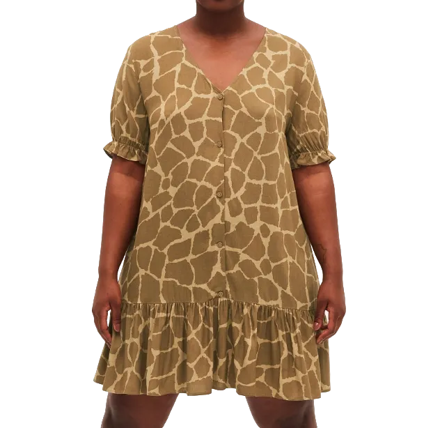 Monki Brown Giraffe Print Mini Flounce Dress BNWT UK L