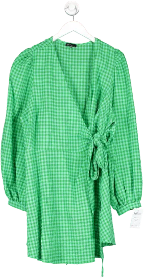 Nobody's Child Green Tie Waist Puff Sleeve Gingham Mini Dress UK 22