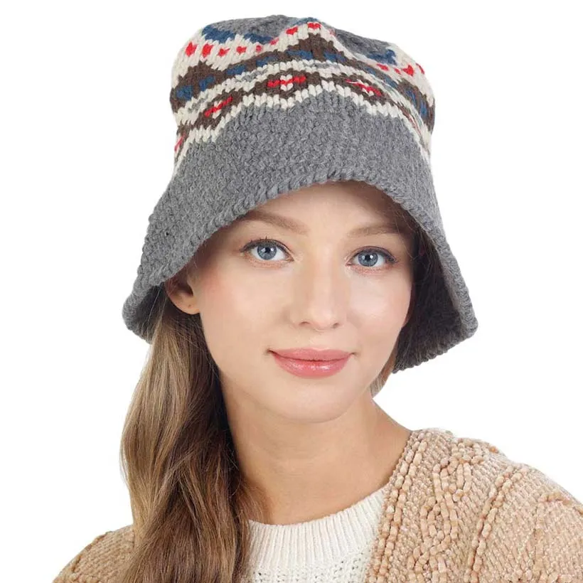 Nordic Pattern Knitted Bucket Hat