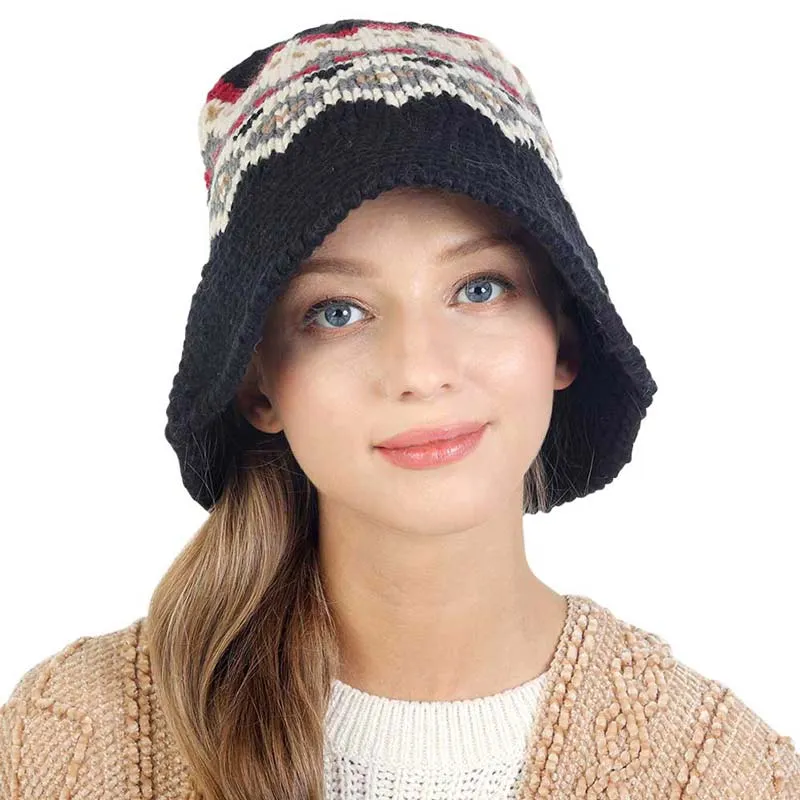 Nordic Pattern Knitted Bucket Hat